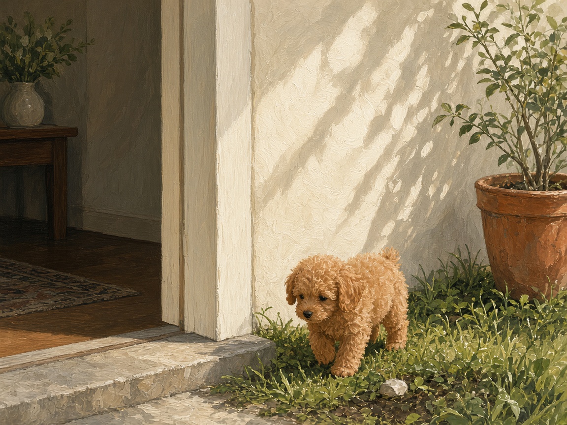 An apricot toy poodle puppy standing on grass beside a stone step at an open door