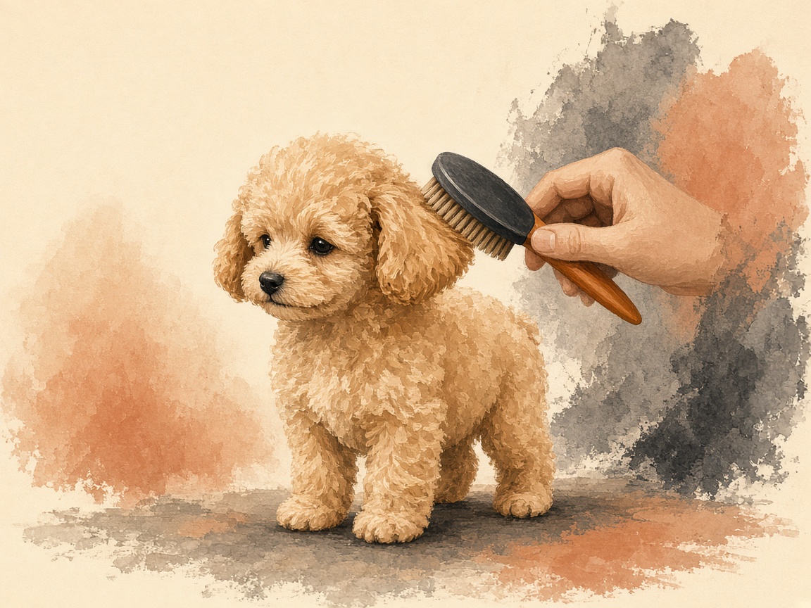A toy poodle puppy standing calmly while a brush touches the curls by one ear