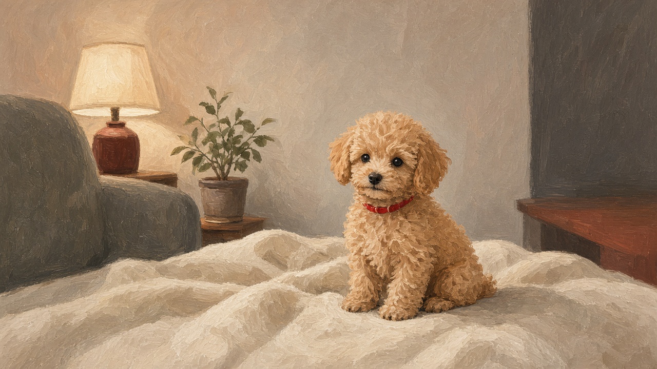 An apricot toy poodle puppy sitting on a cream blanket in a quiet room