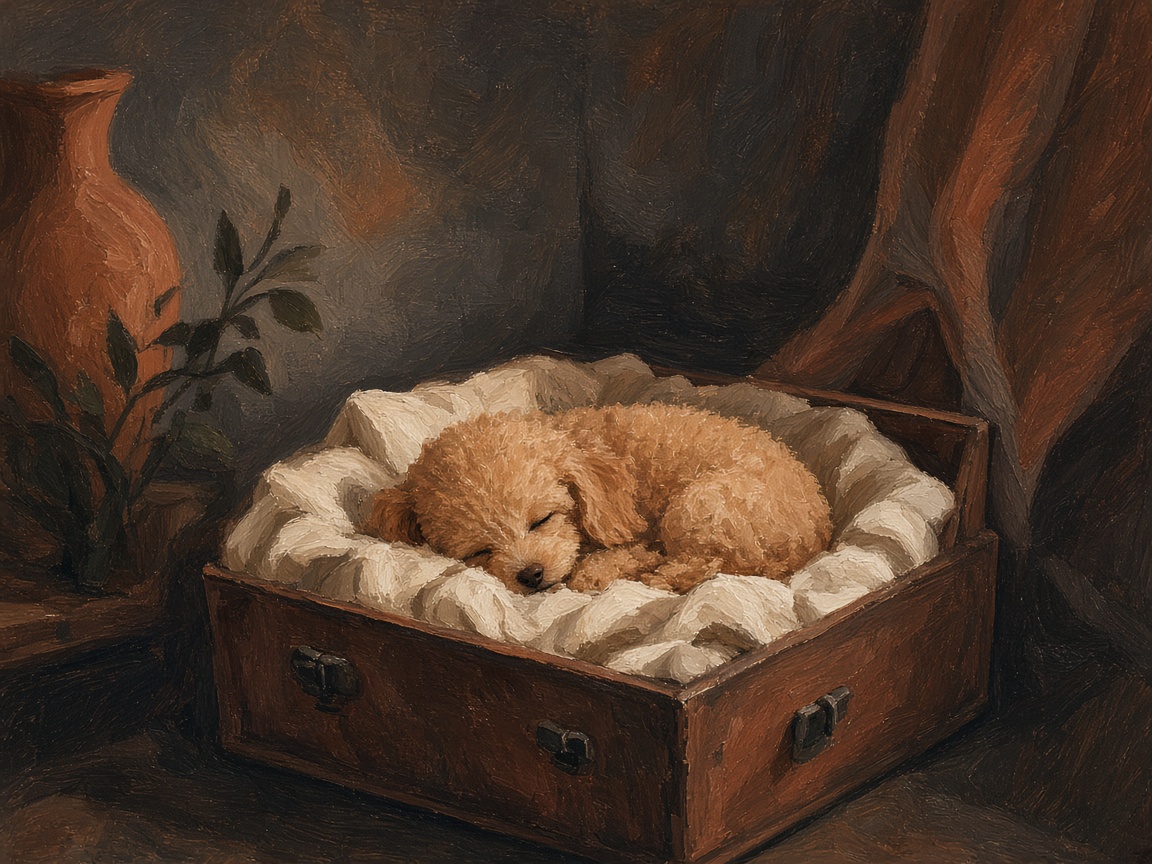 A toy poodle puppy asleep in a small bed inside an open wooden box