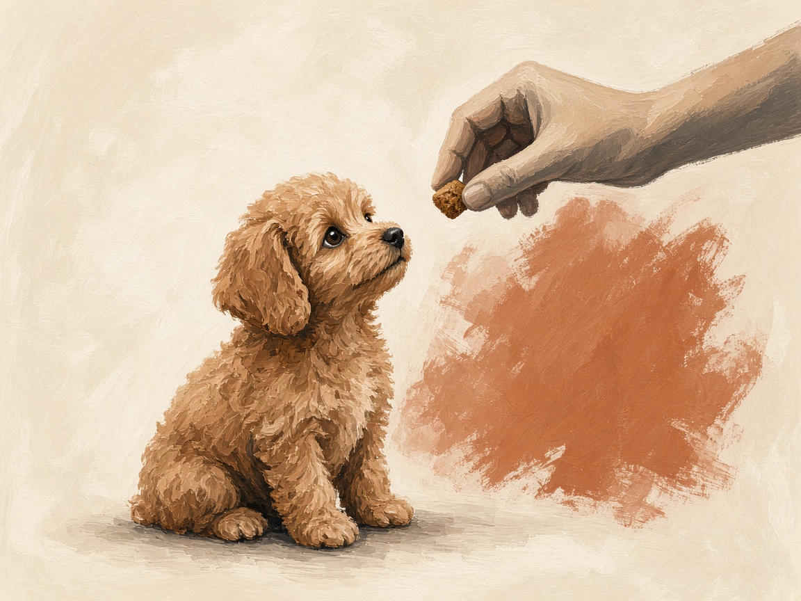 A toy poodle puppy sitting and looking at a small treat