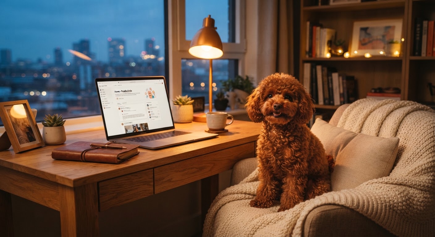 A curly red toy poodle sitting on a cream blanket in a warm evening room
