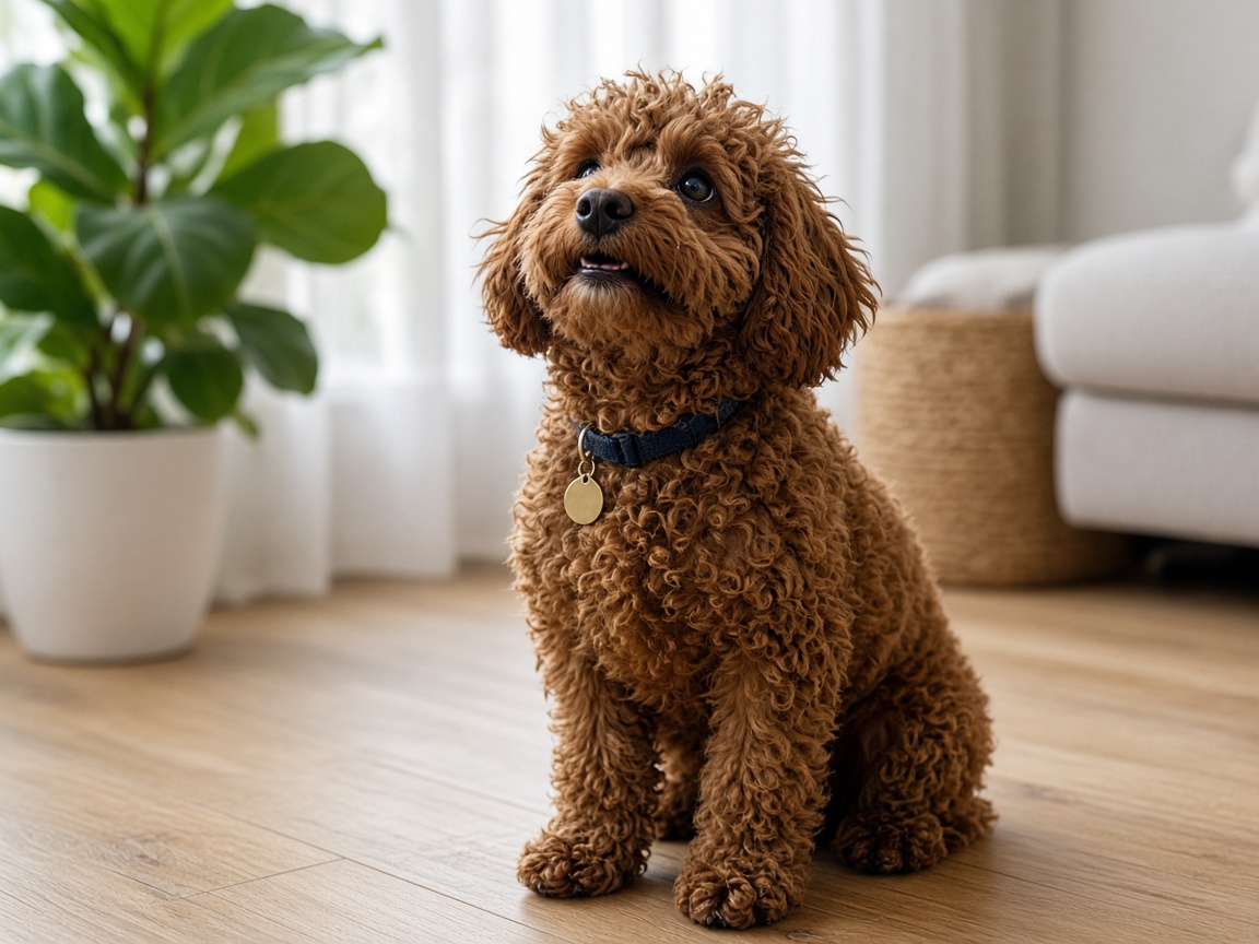 Red toy poodle Teddy looking up